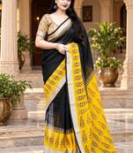 Black colour leaf digital printed linen cotton saree