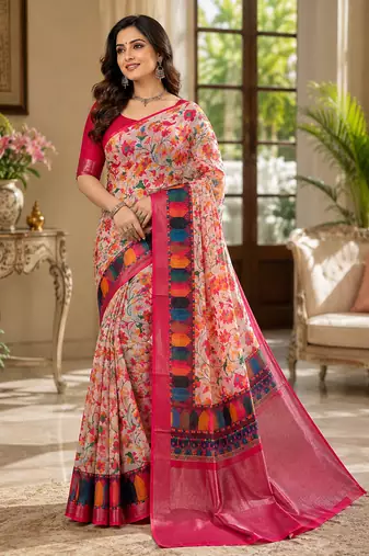 Multicolour colour leaf digital printed linen cotton saree