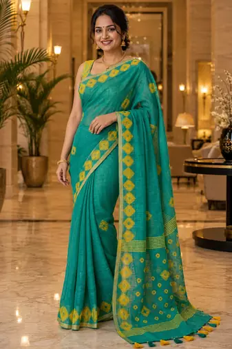 Green colour leaf digital printed linen cotton saree with jhalar