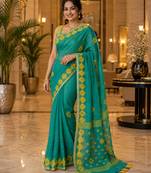 Green colour leaf digital printed linen cotton saree with jhalar