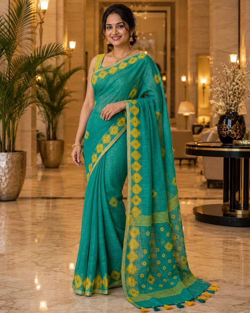 Green colour leaf digital printed linen cotton saree with jhalar