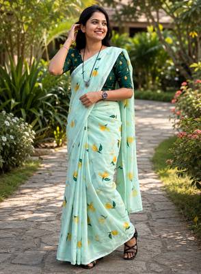 Blue colour leaf digital printed linen cotton saree 2
