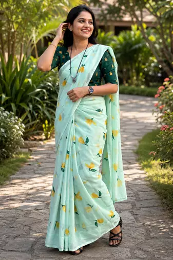 Blue colour leaf digital printed linen cotton saree