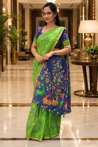 Green colour leaf digital printed linen cotton saree with jhalar
