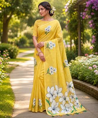 Yellow colour leaf digital printed linen cotton saree with jhalar 4