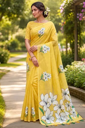 Yellow colour leaf digital printed linen cotton saree with jhalar