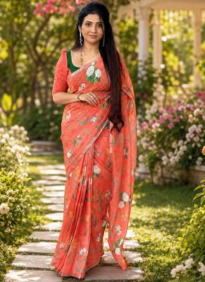 Red colour leaf digital printed linen cotton saree 3