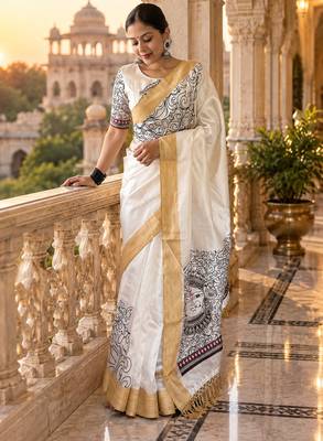 White colour leaf digital printed linen cotton saree 3