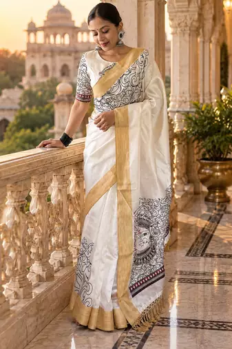 White colour leaf digital printed linen cotton saree