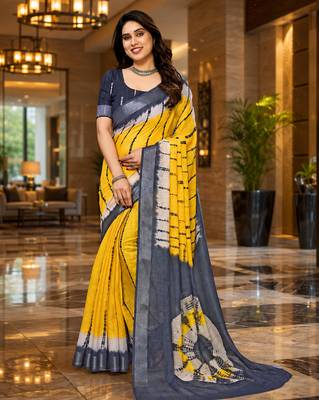 Yellow colour leaf digital printed linen cotton saree 2