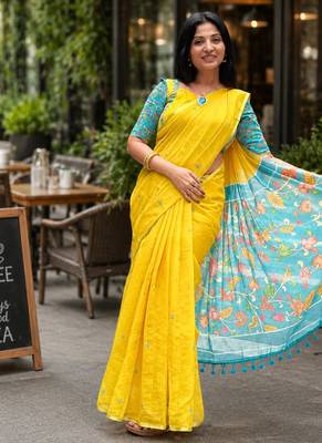 Yellow colour leaf digital printed linen cotton saree with jhalar 3