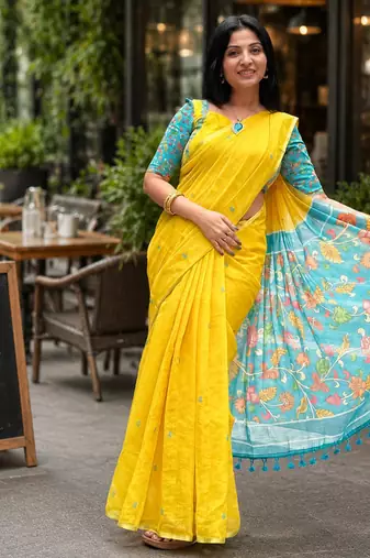 Yellow colour leaf digital printed linen cotton saree with jhalar