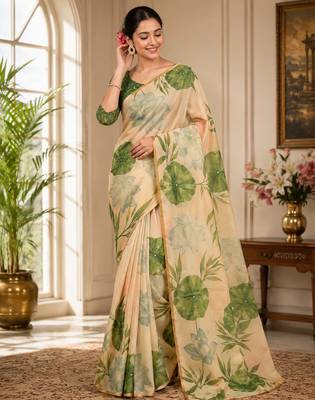 Multiclour colour leaf digital printed linen cotton saree 2