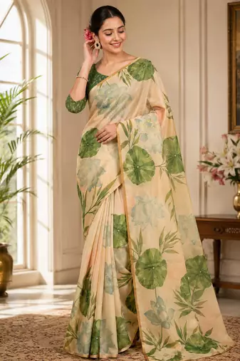 Multiclour colour leaf digital printed linen cotton saree
