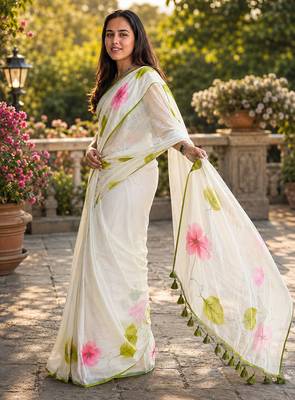 White colour leaf digital printed linen cotton saree 2