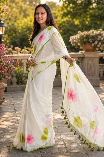 White colour leaf digital printed linen cotton saree