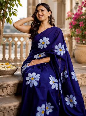 Purple colour leaf digital printed linen cotton saree  with jhalar 3