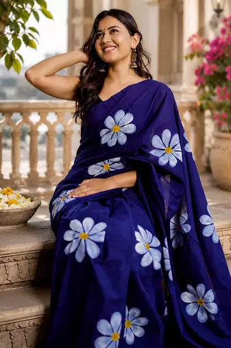Purple colour leaf digital printed linen cotton saree  with jhalar