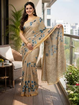 Chiku colour leaf digital printed linen cotton saree with jhalar 3