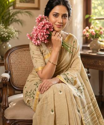 Chiku colour leaf digital printed linen cotton saree with jhalar 4
