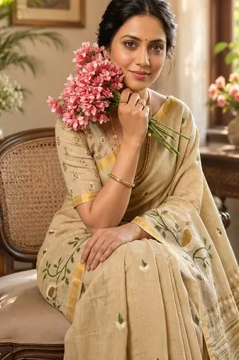 Chiku colour leaf digital printed linen cotton saree with jhalar