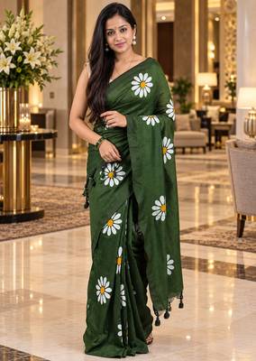 Green colour leaf digital printed linen cotton saree with jhalar 2