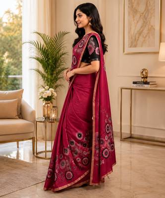 Red colour leaf digital printed linen cotton saree 4