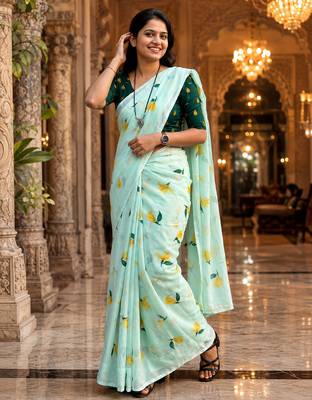 Blue colour leaf digital printed linen cotton saree 3