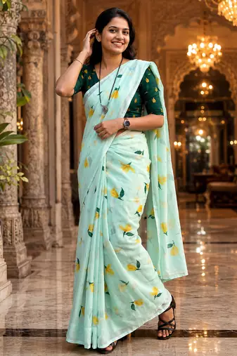 Blue colour leaf digital printed linen cotton saree