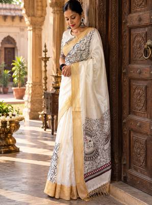White colour leaf digital printed linen cotton saree 4