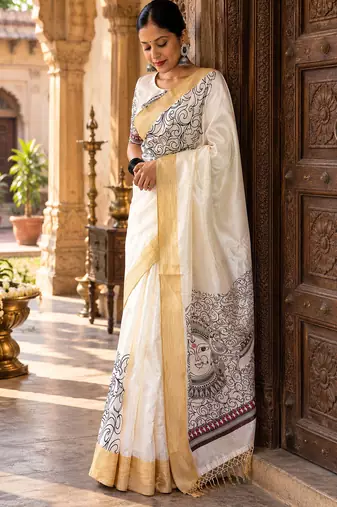White colour leaf digital printed linen cotton saree