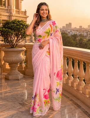 Pink colour leaf digital printed linen cotton saree 3
