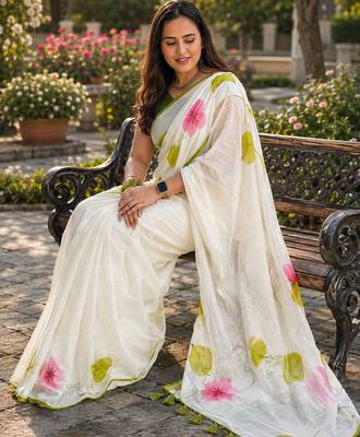 White colour leaf digital printed linen cotton saree 3