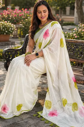 White colour leaf digital printed linen cotton saree