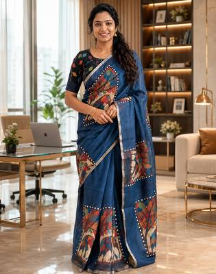 Grey colour leaf digital printed linen cotton saree 3