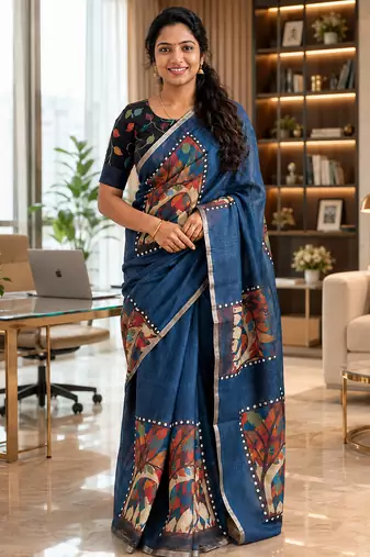 Grey colour leaf digital printed linen cotton saree