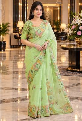 Green colour leaf digital printed linen cotton saree 2
