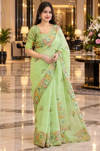 Green colour leaf digital printed linen cotton saree