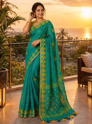 Green colour leaf digital printed linen cotton saree with jhalar 2