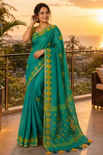 Green colour leaf digital printed linen cotton saree with jhalar