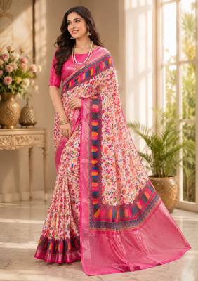 Multicolour colour leaf digital printed linen cotton saree 3