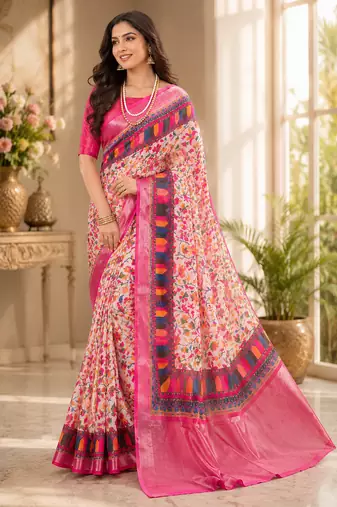 Multicolour colour leaf digital printed linen cotton saree