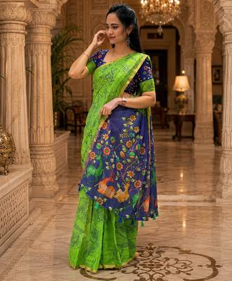 Green colour leaf digital printed linen cotton saree with jhalar 3