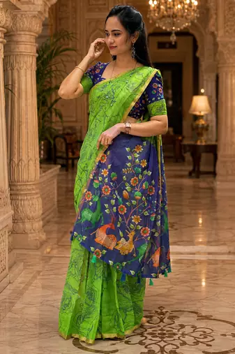 Green colour leaf digital printed linen cotton saree with jhalar