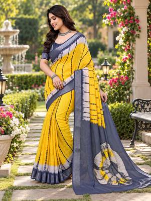 Yellow colour leaf digital printed linen cotton saree 3