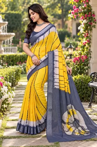Yellow colour leaf digital printed linen cotton saree