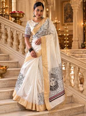 White colour leaf digital printed linen cotton saree 5