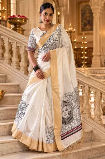 White colour leaf digital printed linen cotton saree