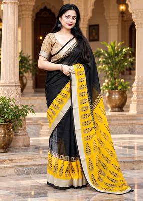 Black colour leaf digital printed linen cotton saree 2