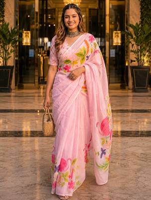 Pink colour leaf digital printed linen cotton saree 4